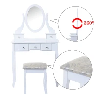 HomCom Tavolo da Trucco Mobile da Toletta Specchiera con Sgabello Specchio Girevole in Legno Bianco(m-8)