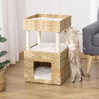 PawHut Casuta pentru Pisici din rattan PE cu 3 Niveluri cu Perne de Plus Lavabile, 40x40x70cm - Lemn(m-2)