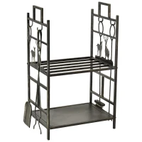 Outsunny Suport Lemne de Foc din Fier Forjat cu Instrumente pentru Semineu si Manere, Baza Suport Lemne Inaltata si Decorata, 51.5x33x77cm - Negru(m-1)