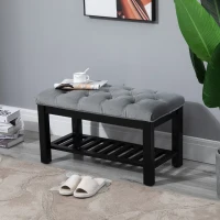 Homcom Banca pentru Pantofi Chesterfield Captusita Lemn Negru si Flanela Gri 80x40x46cm(m-2)