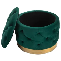 Homcom Puf Rotund cu Compartiment de Depozitare si Capac Detasabil din Catifea Verde cu Efect Matlasat si Baza Aurie(m-4)