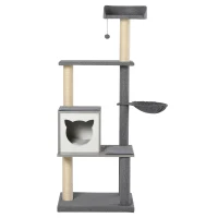 PawHut Centru de activitati pentru pisici cu suprafata de zgariat cusca minge cosulet suspendat gri(m-4)