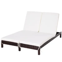 Outsunny Sezlong cu 2 Locuri din PE Ratan Maro cu Saltea Alba 195 x 120 x 28 cm(m-14)