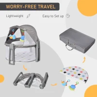 HOMCOM Box patut transoportabil si pliant pentru nou-nascuti cu acoperis si jucarii culoare gri(m-5)