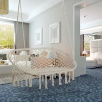 Outsunny Hamac Balansoar pentru Gradina si Casa cu 2 Locuri din Macramé Alb Crem, Fără Pernă(m-2)