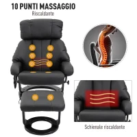 Homcom Fotoliu Rabatabil Masaj Incalzire din Piele Sintetica si Lemn Taburet Inclus Negru(m-6)