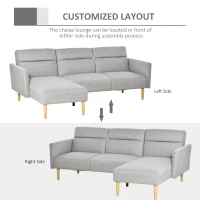 HOMCOM Canapea Extensibila pe Colt cu 3 Locuri din Tesatura Gri Reglabila Stil Scandinav(m-6)