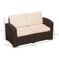 Outsunny Canapea in 2 Locuri in PE Rattan cu Perna, Maro, 141x71x75cm(m-3)