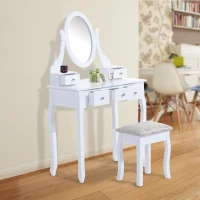 HomCom Tavolo da Trucco Mobile da Toletta Specchiera con Sgabello Specchio Girevole in Legno Bianco(m-7)