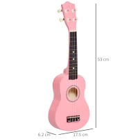 HOMCOM Ukulele Soprano de 53cm din Lemn 4 Cozi din Nylon Accesorii Incluse Roz(m-3)