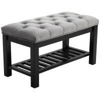 Homcom Banca pentru Pantofi Chesterfield Captusita Lemn Negru si Flanela Gri 80x40x46cm(m-1)