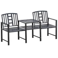 Outsunny Set 2 Scaune cu Masuta de cafea si gaura pentru Umbrela in metal, Negru(m-1)