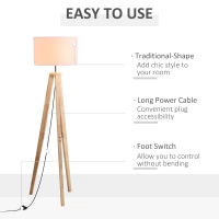 HOMCOM Lampă de podea cu trepied din lemn și abajur din material textil, E27, 45x45x147cm - alb/lemn(m-5)