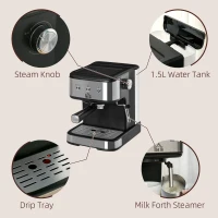 Aparat Cafea Espresso si Cappuccino HOMCOM, 850 W si 15 bar, Rezervor Detasabil, 35.5x21x29cm | AOSOM.it(m-6)