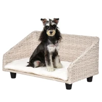 PawHut Cusca pentru Caini si Pisici din Ratan cu Perna Lavabila 70,5x40x37,5cm Bej(m-1)