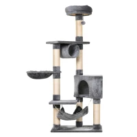 PawHut Ansamblu pentru Pisici cu Cusca Hamac Patucuri Suspendate si Stalpi din Franghie Sisal Gri 60x40x154cm(m-11)