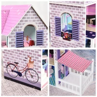 HOMCOM Casa de Papusi din Lemn pentru Copii 3 ani+ cu 12 Accesorii Roz(m-9)