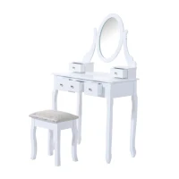HomCom Tavolo da Trucco Mobile da Toletta Specchiera con Sgabello Specchio Girevole in Legno Bianco(m-5)