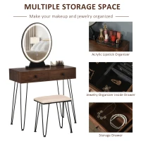 HOMCOM Masa de toaleta cu Oglinda Stil Industrial Lumini tip LED si Taburet Culoare Nuc(m-6)