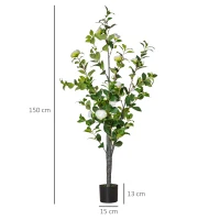 HOMCOM Planta Artificiala Arbore Camelia cu Ghiveci si 25 Flori pentru Interior si Exterior, Inaltime 150cm - Verde/Alba(m-3)