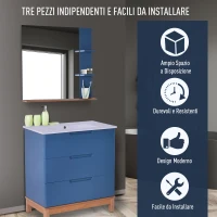 Kleankin Set Arredo Bagno 3 Pezzi Mobiletto Lavandino e Specchio in MDF Blu(m-4)