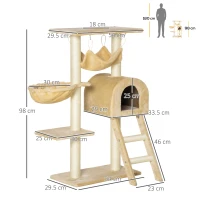 Stalp de zgariat pentru Pisici cu mai multe niveluri PawHut cu Hamac si Casuta, Franghii din Sisal Natural, 55 × 30 × 100 cm(m-3)