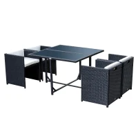 Outsunny Set Mobilier de Grădină cu Masă de Prânz, 4 Scaune și Perne, 109x109x72 cm, Negru(m-1)
