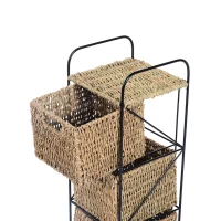 HOMCOM Mobilier cu 4 Coșuri pentru Casă din Alge marine și Fier, 20x20x78cm Negru și culoare naturală(m-9)