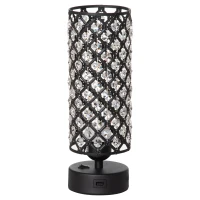 HOMCOM Lampa de Masa cu Abajur din Cristal si 2 Porturi USB, Intensitatea Luminii Reglabila Touch Ф10,8 x 30 cm, Negru(m-1)
