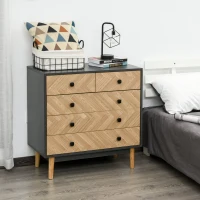 HOMCOM Noptiera din Lemn cu 5 Sertare, Picioare Ridicate din Pin, Gri Inchis(m-2)