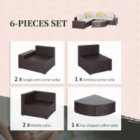 Outsunny Set Salon de Gradina din Rattan din PE de 6 Piese, Canapea cu Perne si Masuta cu Raft de Sticla(m-4)
