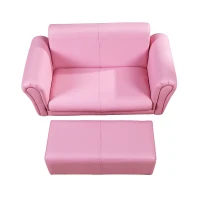 Homcom Mini Canapea pentru Copii intre 3 si 7 ani cu Taburet in PVC si Lemn Roz 83x42x41cm(m-8)