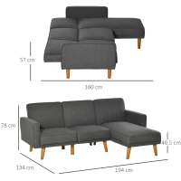 HOMCOM Canapea Extensibila pe Colt cu 3 Locuri din Tesatura Gri Lounge Reversibil(m-3)