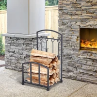 HOMCOM Suport pentru Lemne de Interior si Exterior din Metal cu Manere si 4 Unelte pentru Semineu Incluse - Negru(m-2)