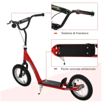 HOMCOM Trotineta cu Ghidon Reglabil, Roti Mari Frana si Cadru din Otel Rosu(m-5)