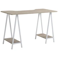 HOMCOM Masa de Birou din Lemn 2 Rafturi Design Curbat Cadru din Metal Alb(m-4)