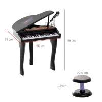 HOMCOM Mini Pian Copii – Cu Microfon si Scaunel, Negru(m-3)