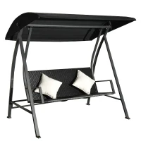 Outsunny Balansoar 3 Locuri din Ratan si Fier cu Perne si Paravan pentru soare, Negru(m-1)