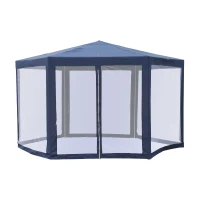 Outsunny Foisor cu Forma Hexagonal de Gradina Schelet din Fier cu 6 Plase pentru Tantari, Albastru/Alb,195x250x197cm(m-3)