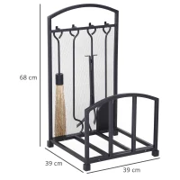 HOMCOM Suport pentru Lemne de Interior si Exterior din Metal cu Manere si 4 Unelte pentru Semineu Incluse - Negru(m-3)