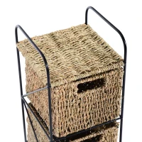 HOMCOM Mobilier cu 4 Coșuri pentru Casă din Alge marine și Fier, 20x20x78cm Negru și culoare naturală(m-8)