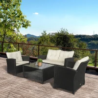 Outsunny Set Mobilier de Gradina 4 Piese din Ratan PE Masuta Canapea si Fotolii(m-2)