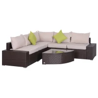 Outsunny Set Salon de Gradina din Rattan din PE de 6 Piese, Canapea cu Perne si Masuta cu Raft de Sticla(m-1)
