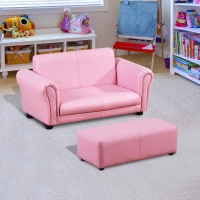 Homcom Mini Canapea pentru Copii intre 3 si 7 ani cu Taburet in PVC si Lemn Roz 83x42x41cm(m-1)