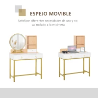 HOMCOM Tocador con Espejo LED Iluminado Mesa de Maquillaje con 3 Cajones y 2 Estantes Sensor Táctil para Dormitorio Marco Metálico Dorado 90x40x125 cm Blanco(m-5)
