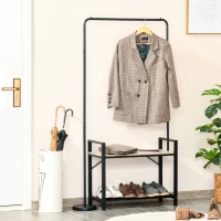 HOMCOM Suporte para Cabides com Sapateiro e Banco 3 em 1 Cabideiro Giratório 360° com Prateleira 159x30x159cm Preto e Madeira(m-8)