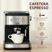 HOMCOM Cafetera Semiautomática 850W de 15 Bares de Presión con Depósito 1,5L Espumador de Leche para Espresso Capuccino Latte Macchiato Vaporizador Orientable 35,5x21x29 cm Negro(m-4)