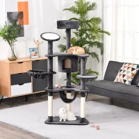 PawHut Árbol Rascador para Gatos Grande 65x50x155 cm Centro de Actividades para Mascotas con Postes Rascadores Tableros Caja Hamaca Canasta Sisal Peluche Gris Oscuro(m-2)