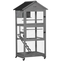 PawHut Bird Cage budgie cage Wooden Outdoor Aviary with Wheels  for Canary Finch with Asphalt Roof Perch Nest Ladder Slide-out Tray, Grey(m-1)