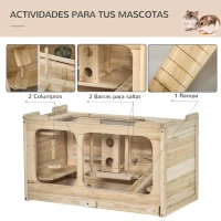 PawHut Jaula de Madera para Hámster Ratones Casa de Roedores con 2 Escondites Techo Abatible Bandeja Extraíble Múltiples Plataformas Rampa y Columpios 78x40x44 cm Natural(m-5)